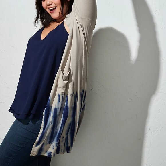 🆕 2X SUPER SOFT TAUPE & NAVY TIE-DYE  LONGLINE CARDIGAN - Picture 2 of 7